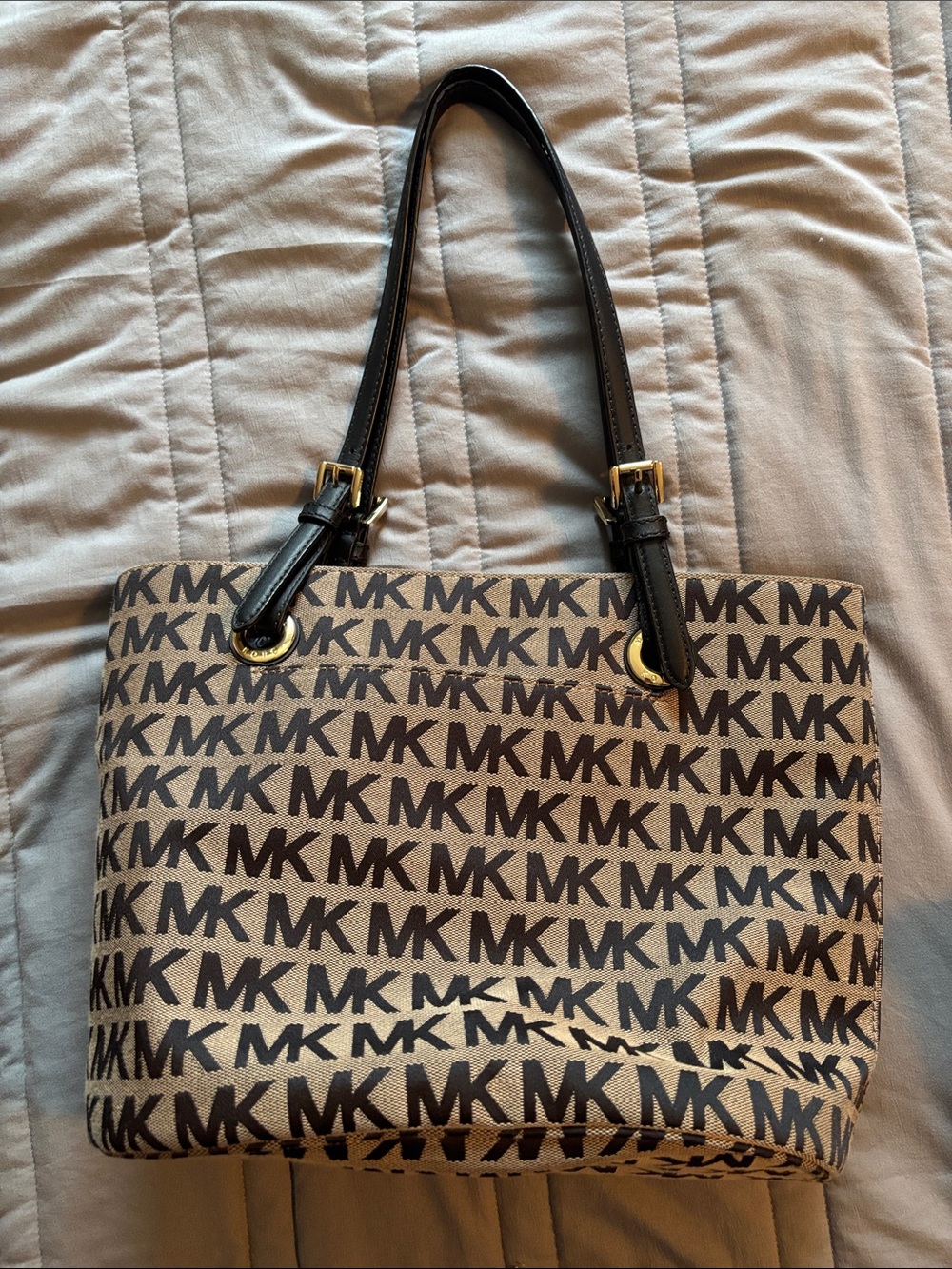 Michael Kors Beige and Black MK Logo Canvas Tote